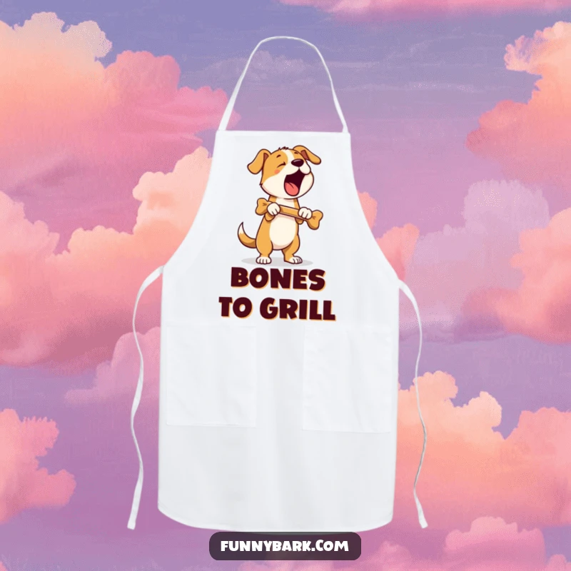 Funny apron depicting a dog standing on hind legs, holding a bone, and barking loudly, perfect for humorous chefs.