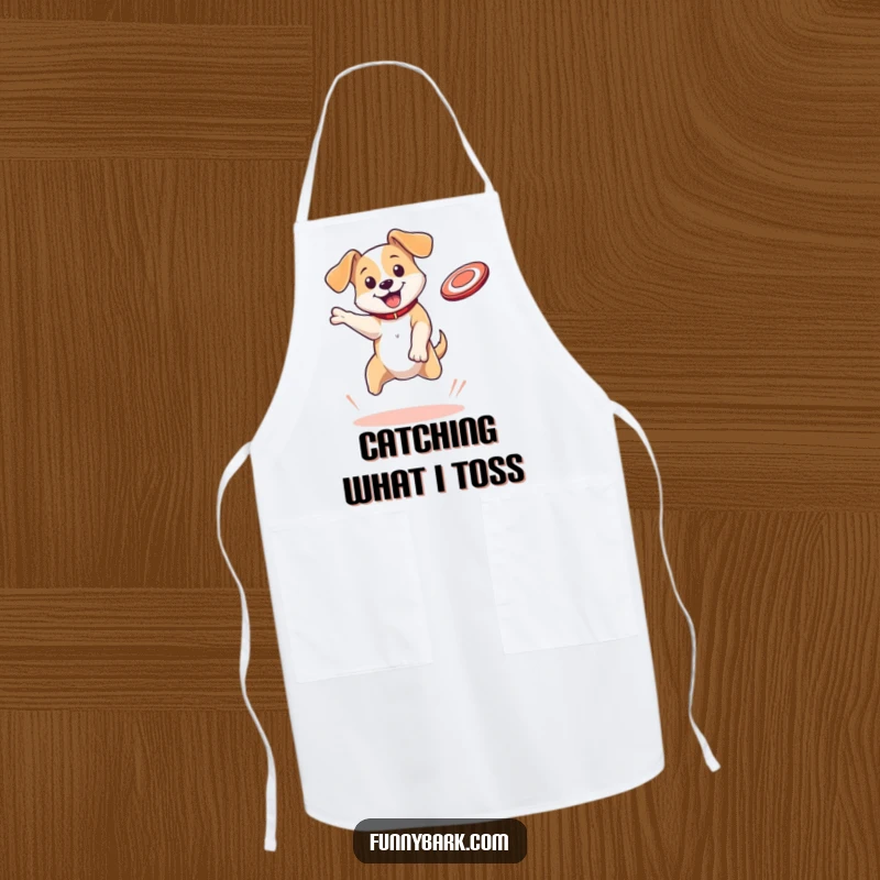 Funny Dog Apron: A bouncing dog character with floppy ears leaps to catch a flying disc, adding energetic fun to kitchen tasks.