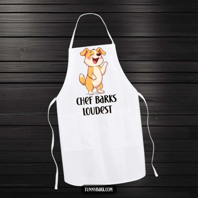Funny apron with a dog character standing on hind legs, barking with hilarious, uninhibited joy and comical enthusiasm.