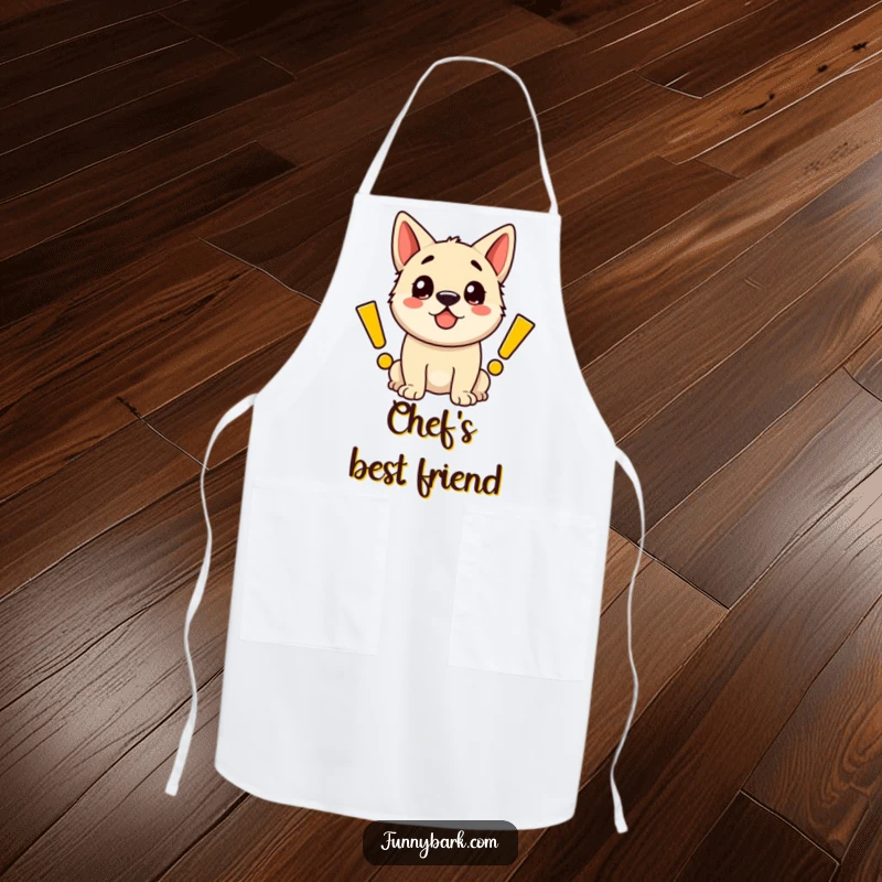 Funny apron showcasing a thrilled dog exuding happiness and surrounded by vibrant, cartoon exclamation marks.