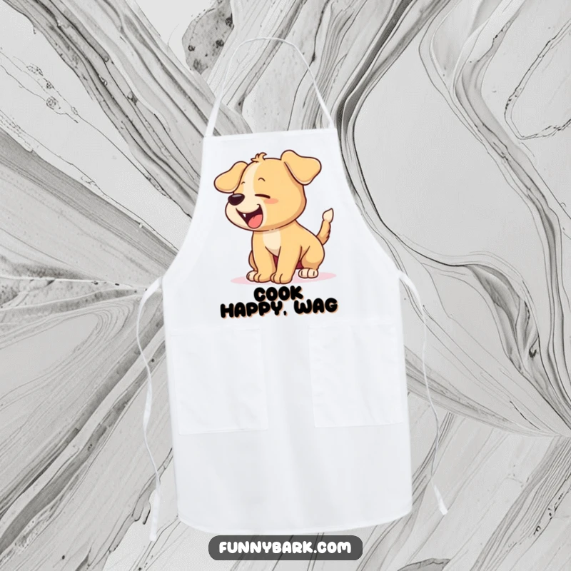 Funny apron showcasing a cartoon puppy with its tail wagging furiously and barking excitedly, a fun addition to any kitchen.