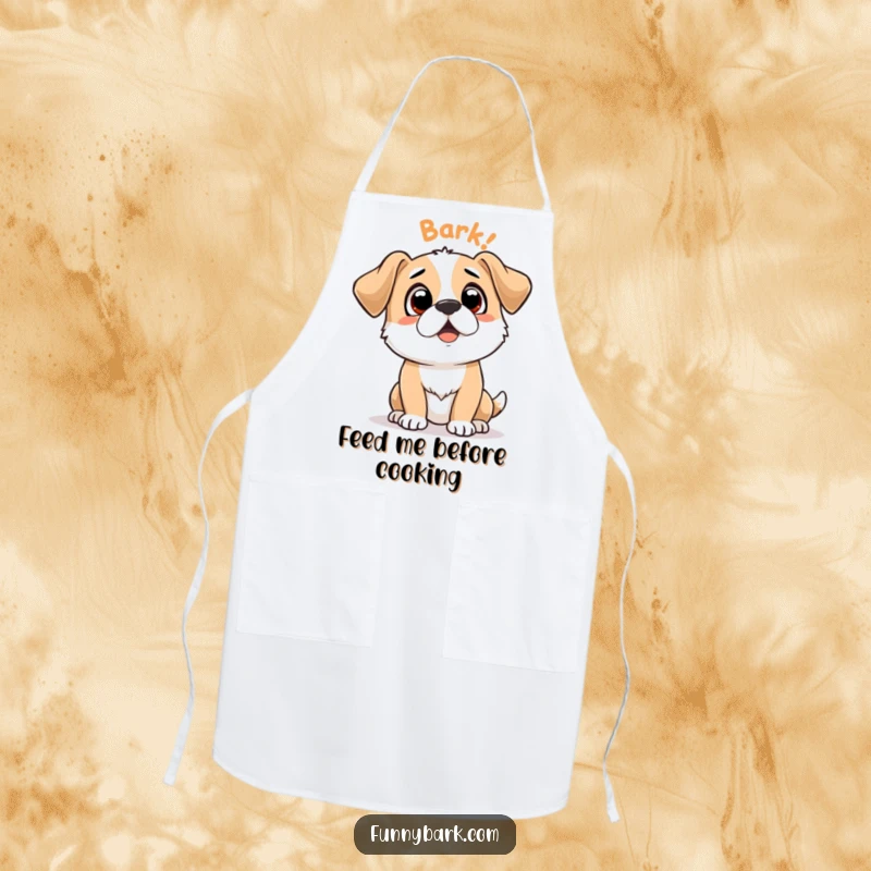Funny apron featuring an expectant dog character with 'Bark Bark' text, perfect for adding humor to the kitchen and cooking sessions.