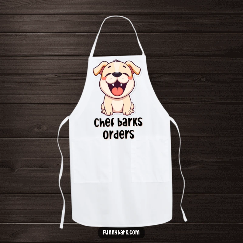 Funny cartoon dog apron showing a dog opening its mouth wide in a happy, loud bark, ready for kitchen duty.