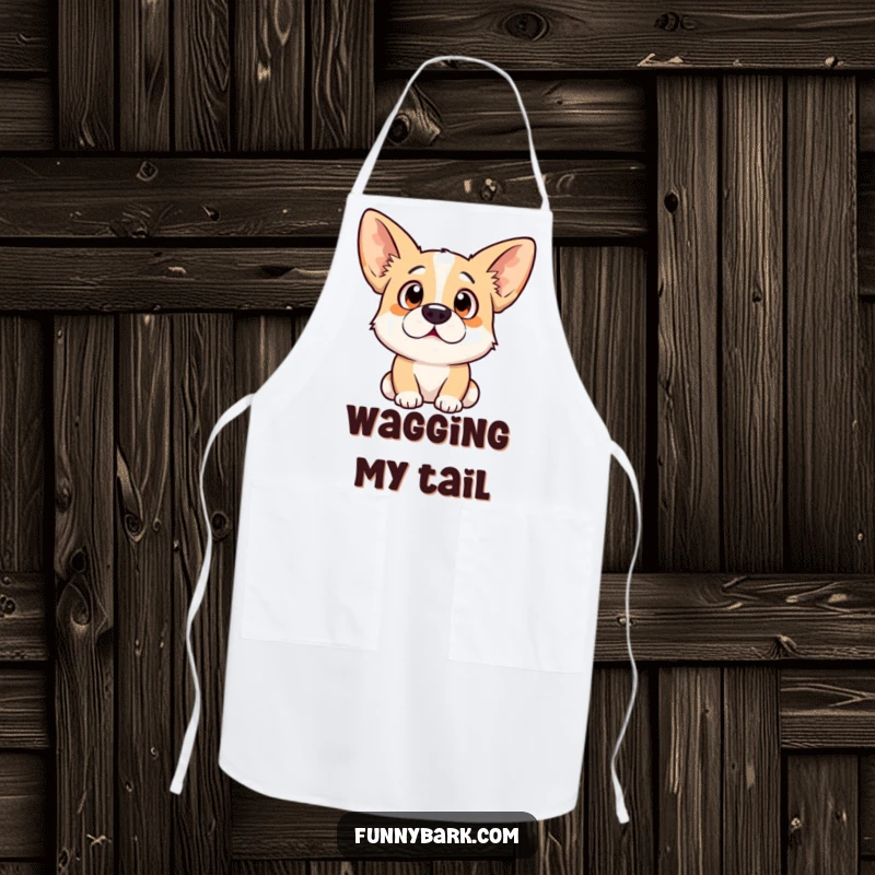 Funny dog apron featuring a surprised expression with ears perked high, designed for kitchen fun and pet lovers.