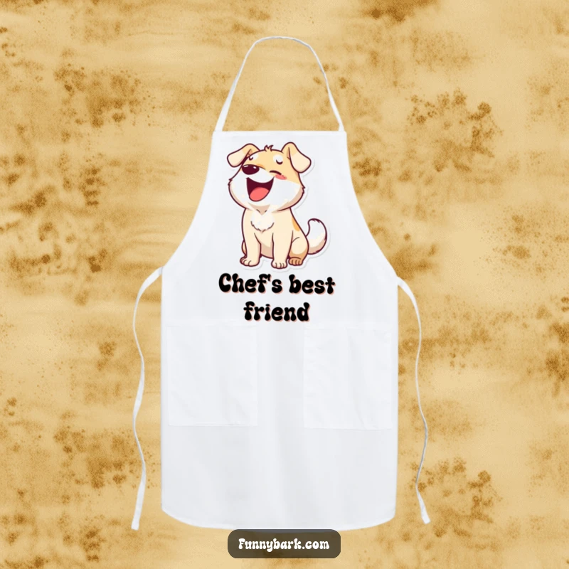 Funny apron with a dog character barking ecstatically and wagging its tail, ideal for humorous kitchen fun and enthusiastic cooking.