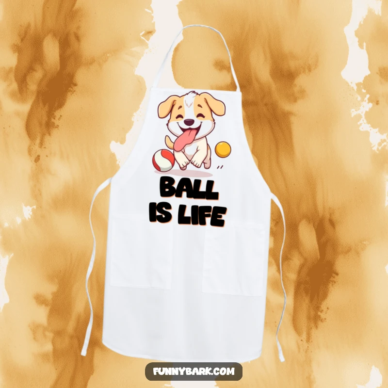 Funny Dog Apron: A dog with its tongue out, focused on a bouncing ball, ready to handle kitchen messes with humor.