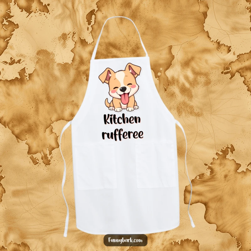 Funny dog barking apron, illustrating a dog barking enthusiastically with perked ears and tongue lolling, ready for kitchen fun.