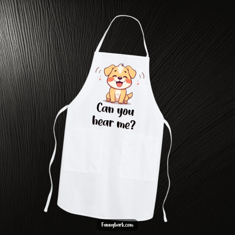 Funny Dog Apron: A dog joyfully barking, with sound waves showing its happy vocalizations during cooking.