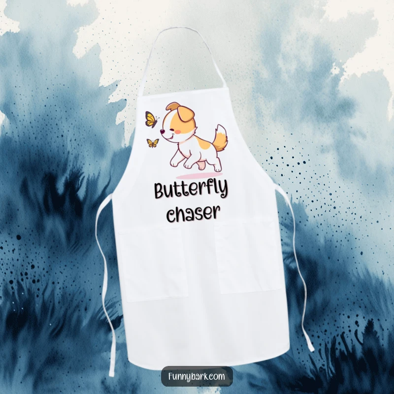 Funny Dog Apron: A dog with its tail wagging furiously, chasing a fluttering butterfly, ready for kitchen fun.