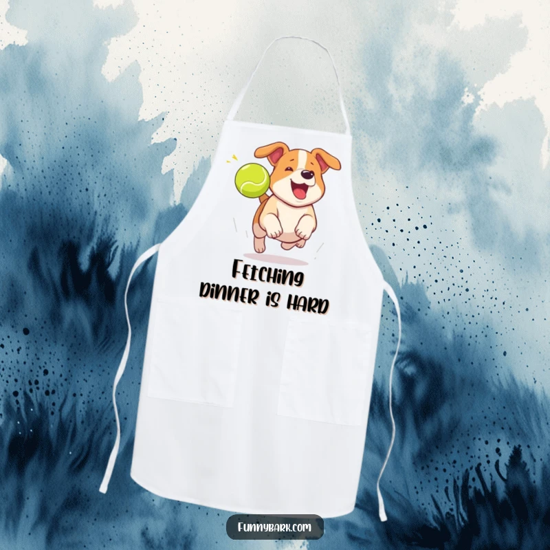 Funny dog apron with a dog mid-bark, chasing a tennis ball, designed for playful cooking.