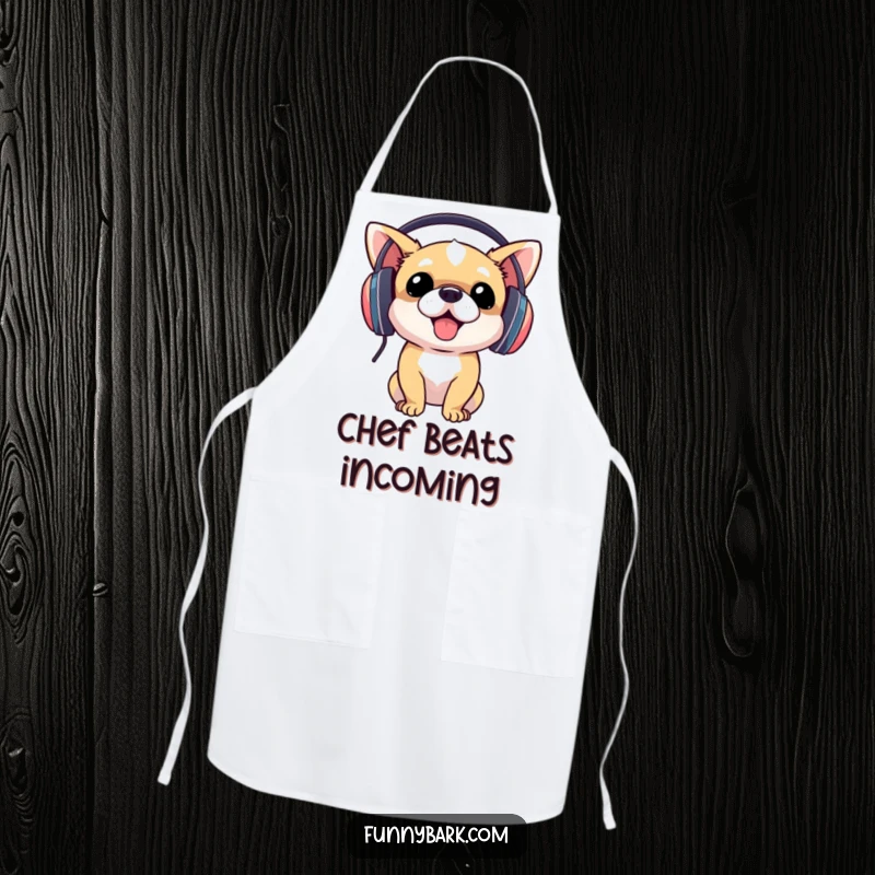 Funny dog wearing headphones, head bobbing to music, on a kitchen apron, perfect funny gift for cooks.