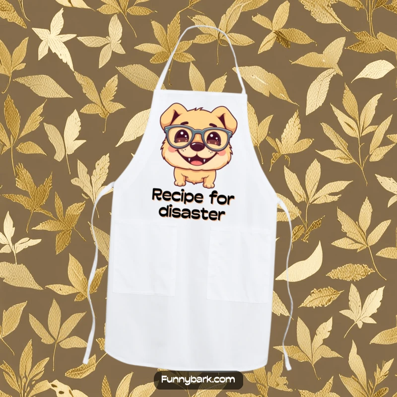 Funny dog apron, silly grinning face, wearing large floppy glasses, kitchen or cooking accessory, humorous.