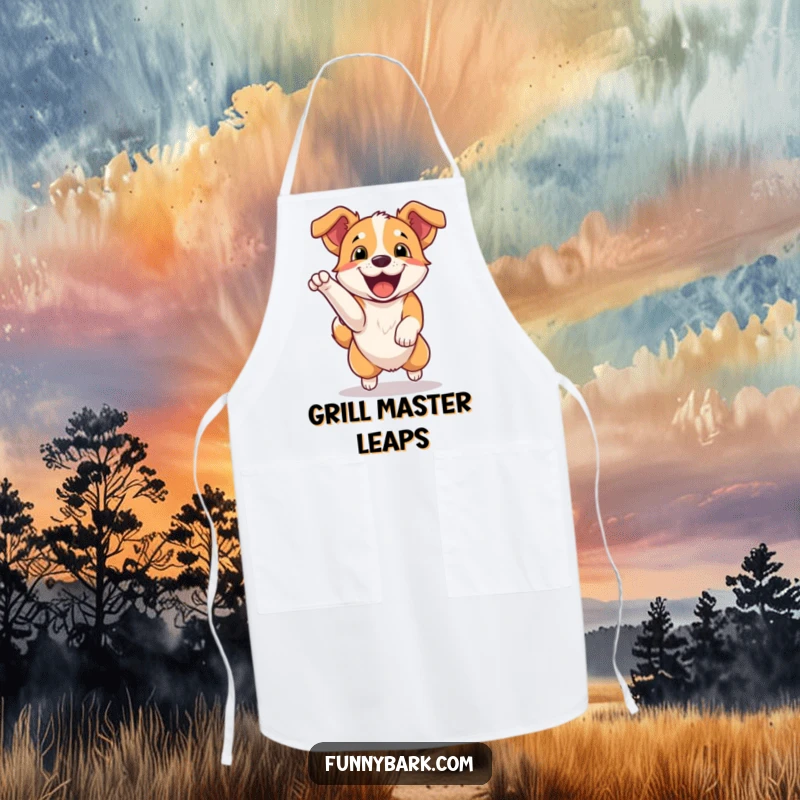 Funny Apron: A dog jumping with excitement, letting out a happy bark, ready for kitchen fun. Great gift.