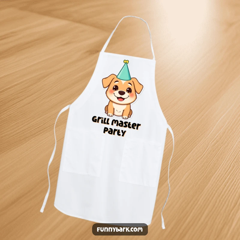 Funny dog character wearing a party hat and a silly grin on a kitchen apron, perfect for cooking with festive humor.