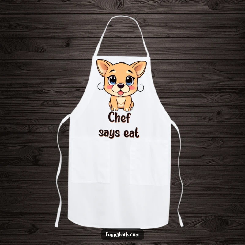 Funny Dog Proclamation Apron: A dog with large, pleading eyes appears ready to announce dinner is served, for kitchen fun.