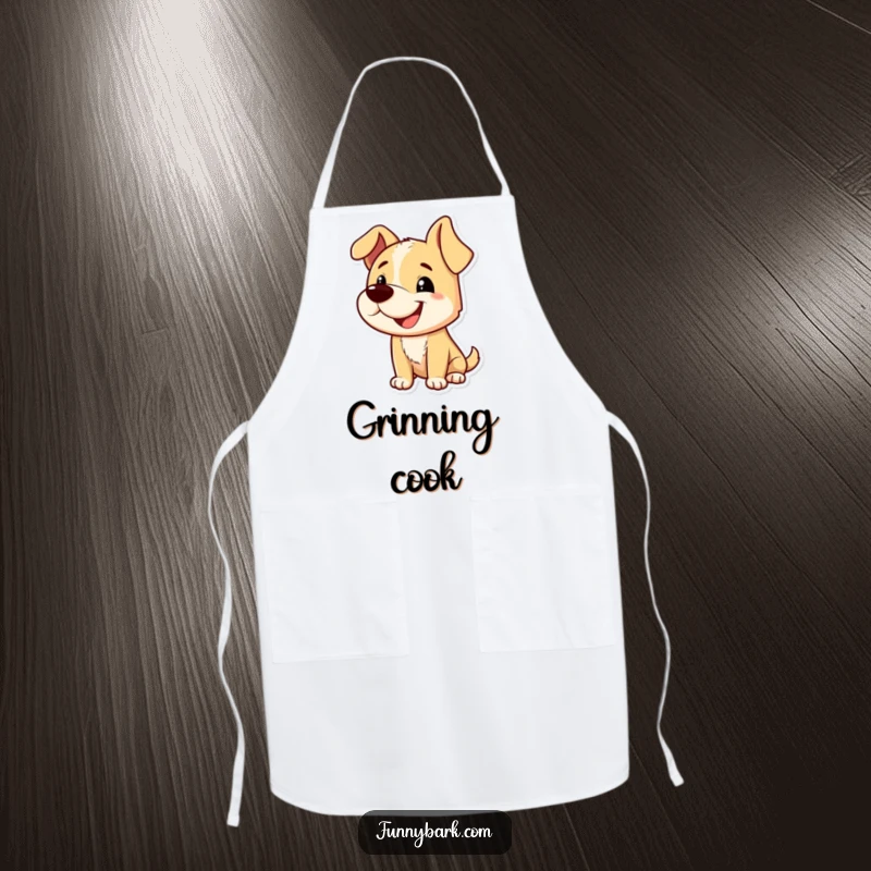 Funny apron featuring a dog character with a playful grin and tilted head, mid-bark, ready to protect your clothes with a dose of canine charm.