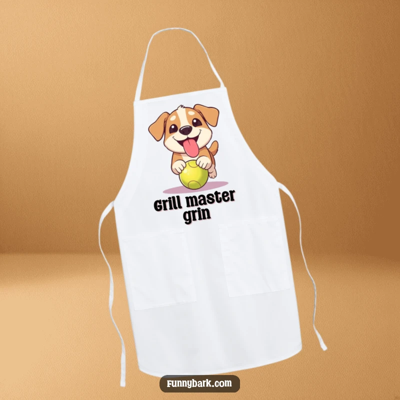 Funny grinning dog apron showing a dog with tongue out, comically chasing a ball, ready for kitchen duty.