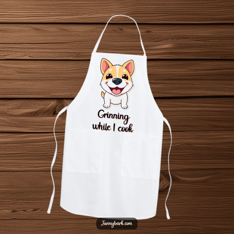 Funny Apron depicting a dog with a wide, excited grin, appearing to shout greetings, ideal for cooks.