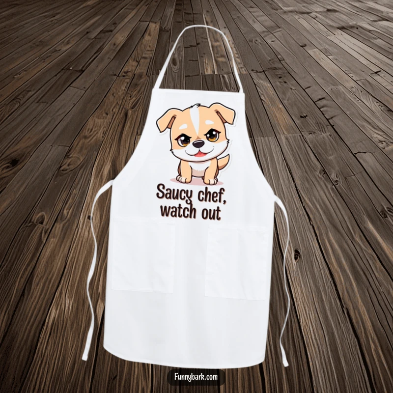 Funny Mischief Dog Chef Apron showing a dog character with a mischievous eye, playfully pouncing forward while cooking.