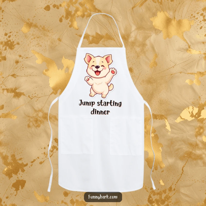 Funny apron: A playful dog captured in a dynamic jump with one paw raised, celebrating fun in the kitchen, a funny gift.