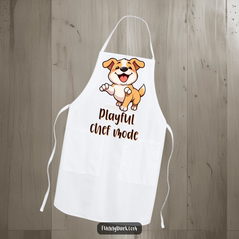 Funny apron depicting a dog character in a playful pounce, mid-happy bark, perfect for adding humor and fun to the kitchen.