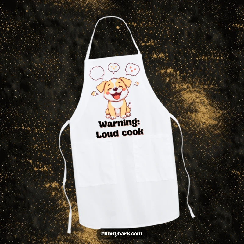 Funny apron with a cartoon puppy barking excitedly, ideal for cooking and adding humor to the kitchen, a playful design.