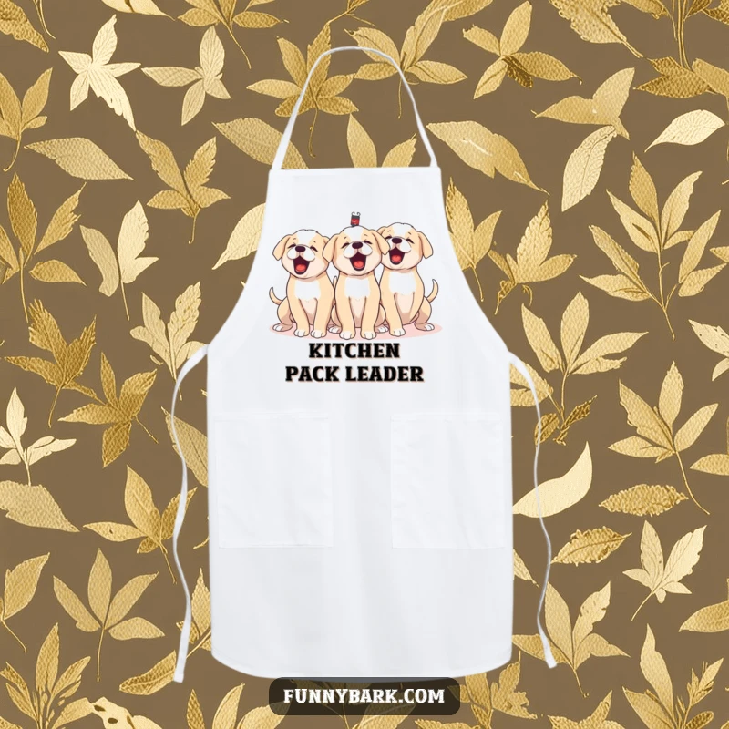 Funny apron featuring a group of puppies barking together in unison, tails wagging furiously, perfect for kitchen fun and humor.