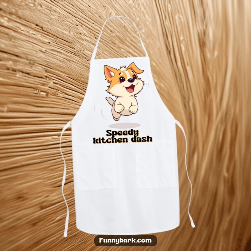 Funny apron depicting a dog running with wind-blown fur and an escaping bark, perfect for adding humor to kitchen activities.