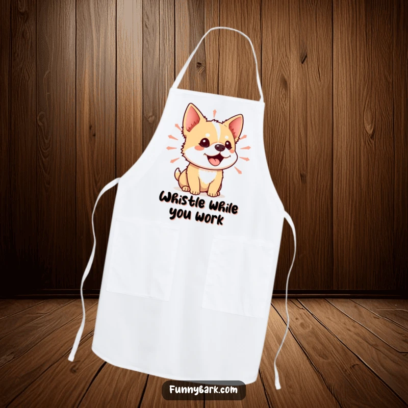Funny apron featuring a small dog with its mouth open, surrounded by vibrant sound waves, perfect for kitchen fun and humor.