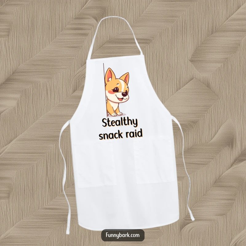 Funny apron depicting a dog peeking around a corner, one ear up, with a stealthy bark, perfect for adding kitchen humor.