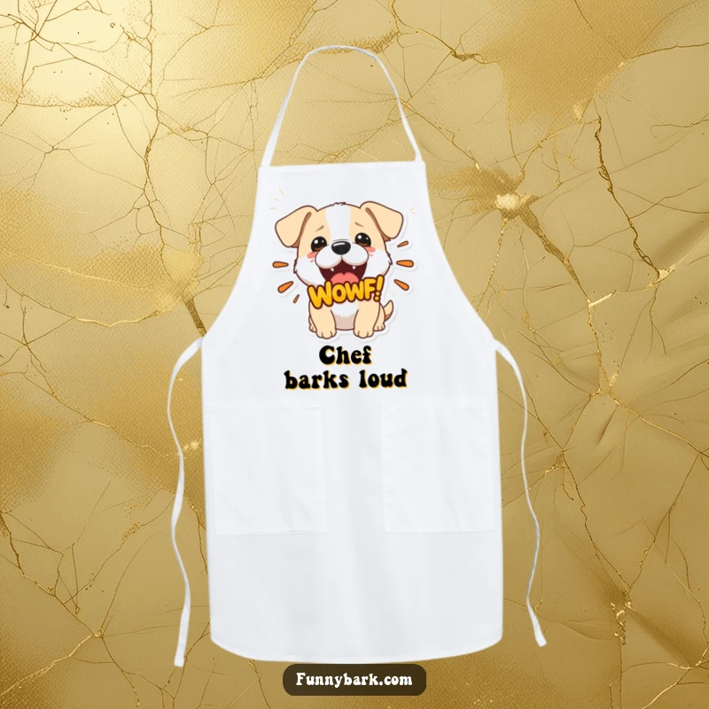 Funny apron showcasing a small dog with its mouth open, letting out a big 'Woof!' graphic, a fun addition to any kitchen.
