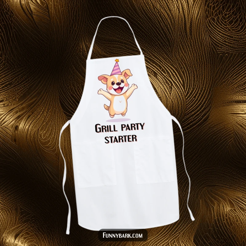 Funny party dog apron showing a dog in a tiny hat, jumping with excitement, ready for kitchen festivities.