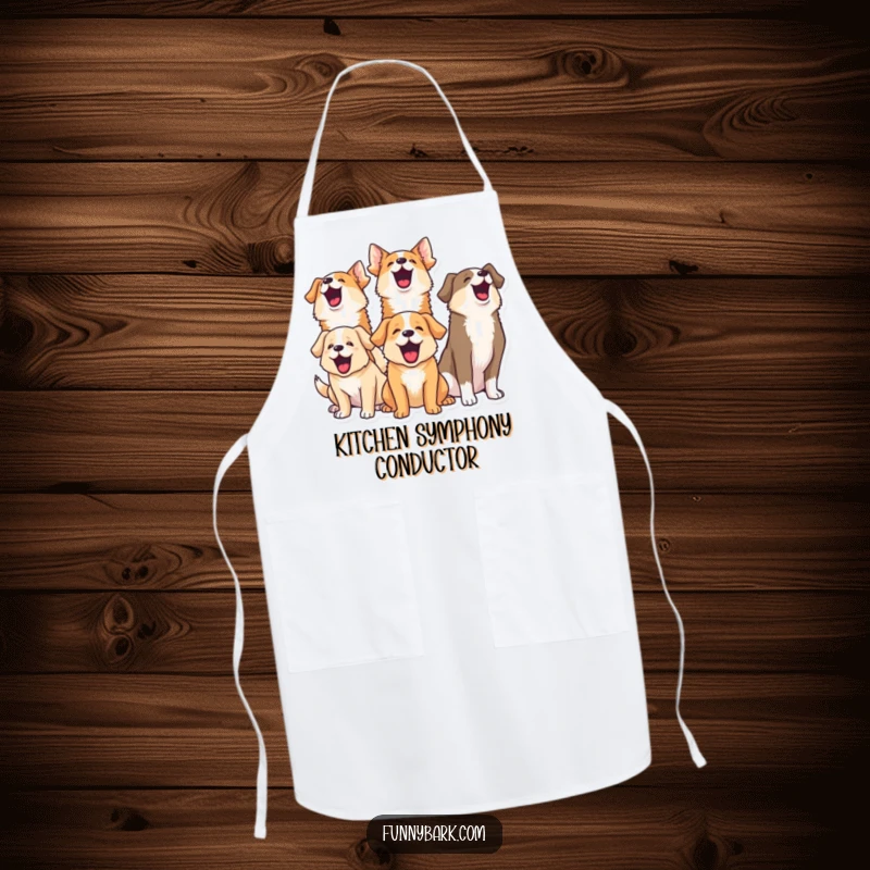 Funny apron with a group of dogs barking in unison, looking ready to cook up a storm with hilarious energy.