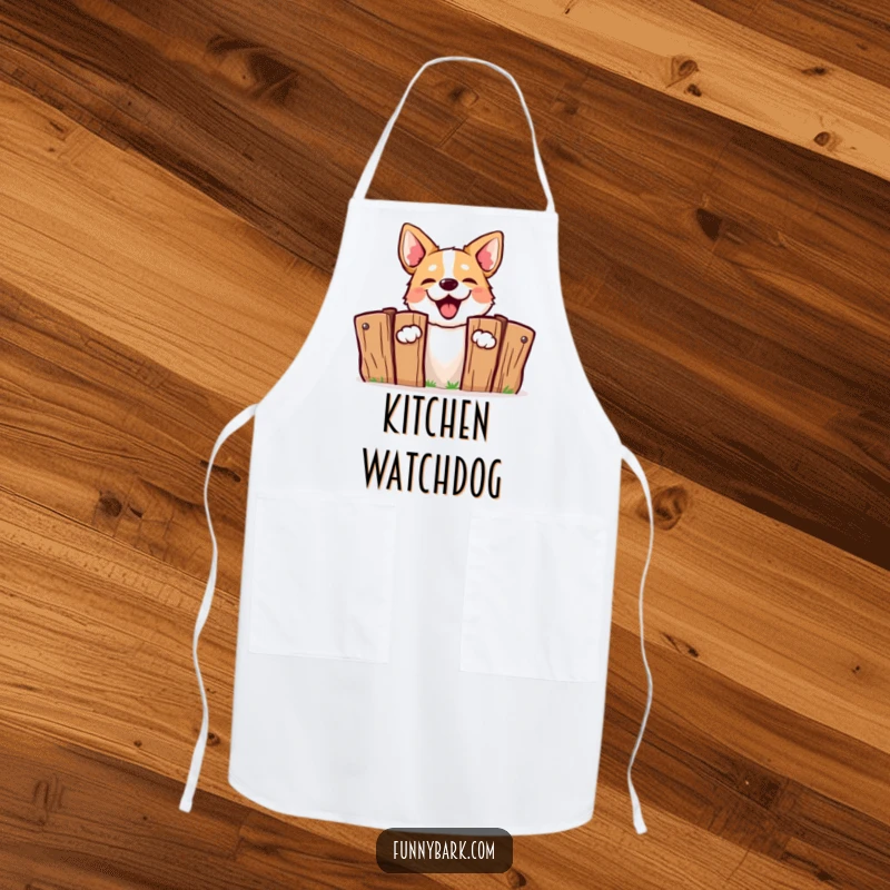 Funny Barking Dog Apron: A dog energetically peeking from behind a fence, barking with humorous intent, for kitchen fun.