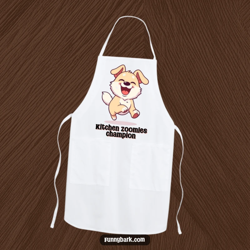 Funny Joyful Dog Chef Apron showing a dog character with an overjoyed expression, running with boundless energy.
