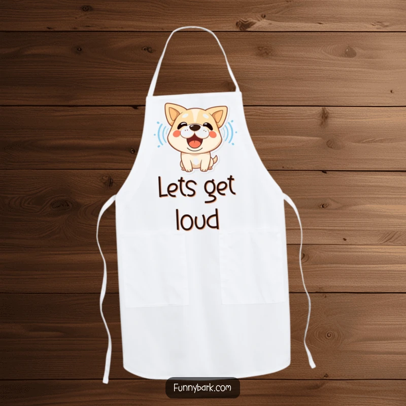 Funny dog apron featuring a stylized character barking, its sound waves prominent, adding playful flair to culinary tasks.