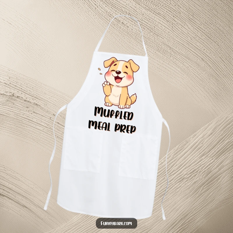 Funny apron of a cartoon dog with a muffled bark into its paw, perfect for kitchen use and as a cute, humorous gift.