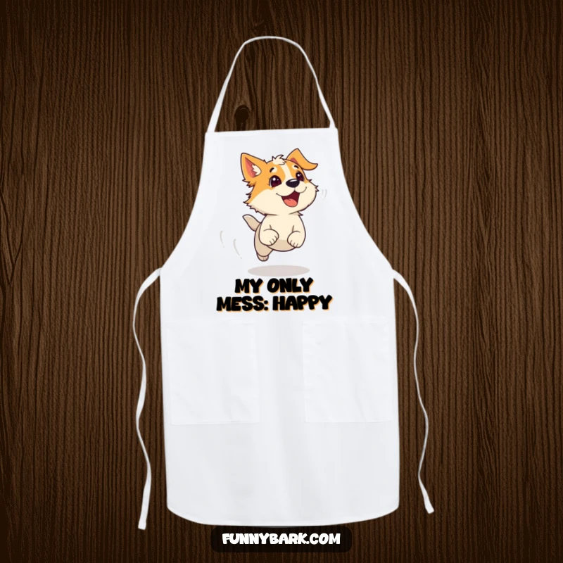 Funny Apron: An energetic dog character runs with wind-ruffled fur and a bark, ready to add humor to kitchen activities.
