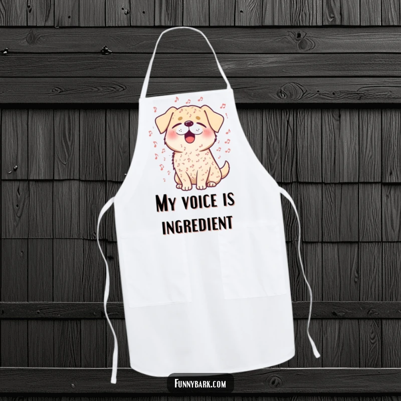 Funny apron showing a dog happily singing with eyes closed, adorned with musical notes, for culinary artists.
