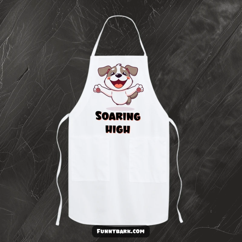 Funny Dog Apron: A dog with a wide smile, enthusiastically leaping into the air, ready for kitchen fun.