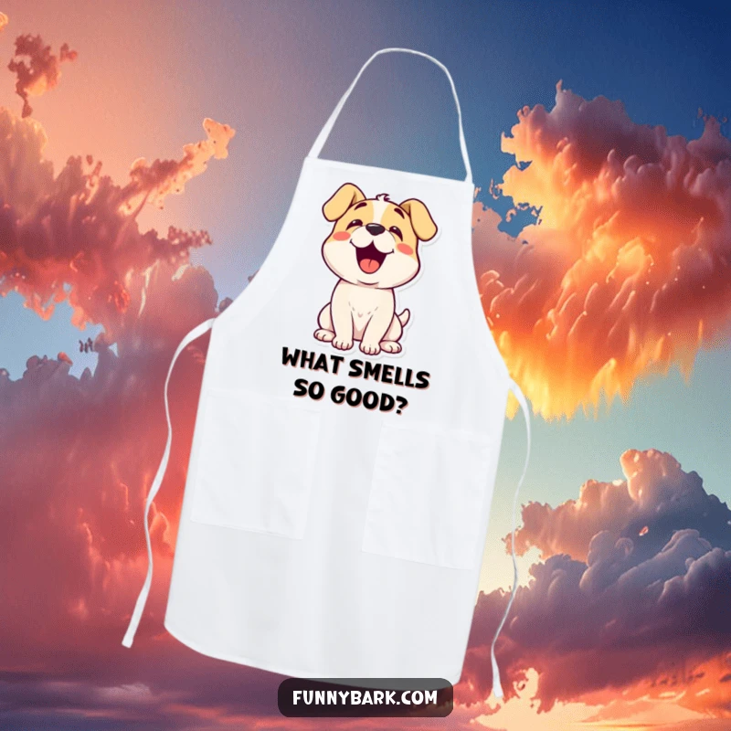 Funny dog wearing a small bowtie, head tilted curiously, on a charming kitchen apron.