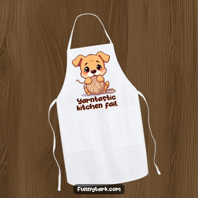 Funny dog apron, comically tangled in a ball of yarn, confused look, kitchen or crafting accessory.