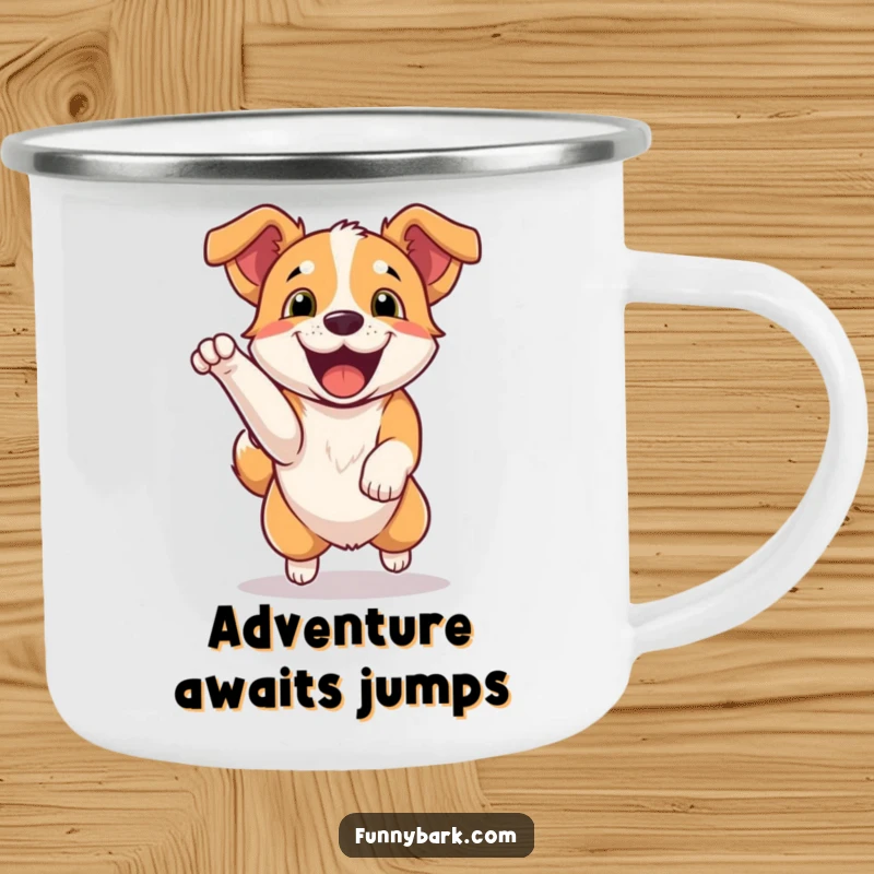 Funny Camping Mug: A dog jumping excitedly, mouth open in a happy bark, ready for outdoor fun. Perfect gift.
