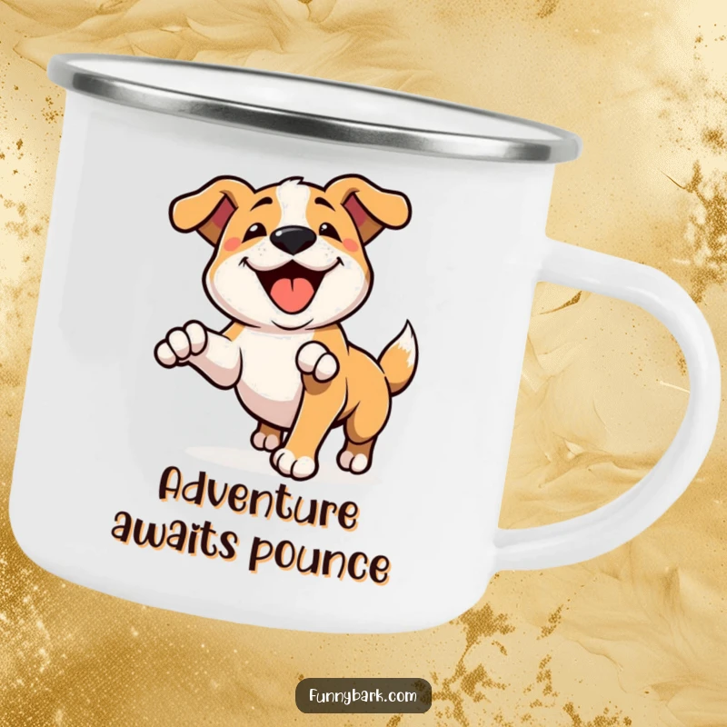Funny enamel camping mug featuring a dog character pouncing playfully with a happy bark, perfect for outdoor fun and humor.