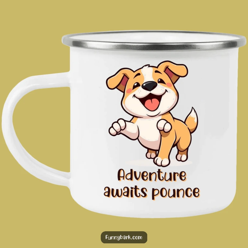 Funny Pouncing Dog Camping Mug: Happy Bark Enamel Cup - Hilarious Outdoor Gift