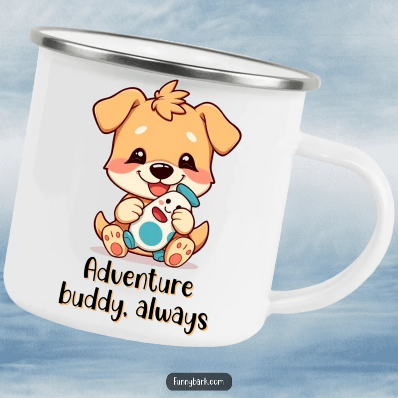 Funny Dog Camping Mug showcasing a grinning dog character playfully presenting its treasured toy on an outdoor adventure.