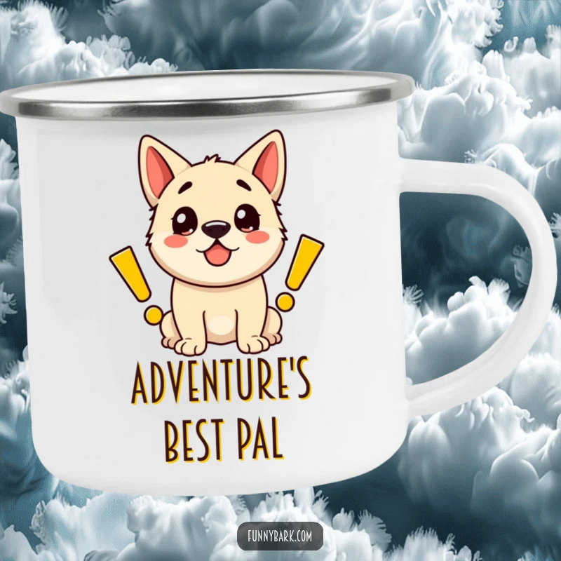 Funny camping mug displaying a joyful dog surrounded by energetic, cartoon exclamation marks, ready for adventure.