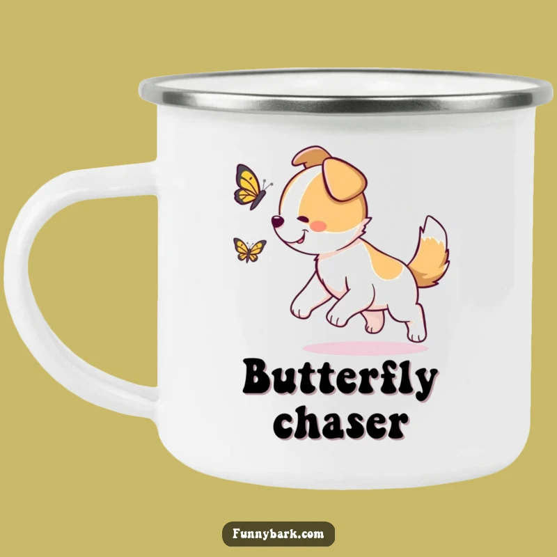 Funny Dog Butterfly Chase Camping Mug: Trail Distractions, Durable and Hilarious Funny Gift
