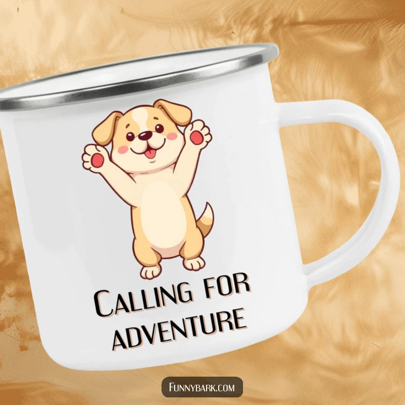 Funny Camping Mug featuring a dog standing on its hind legs, paws raised, as if calling out, for outdoors.