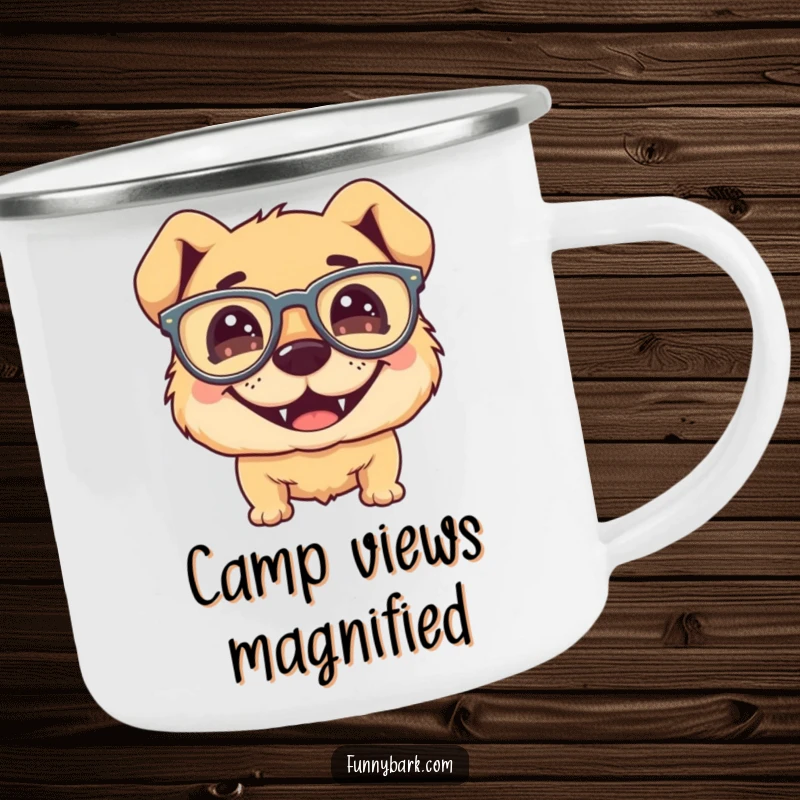 Funny dog camping mug, silly grin, wearing large floppy glasses, enamel finish, humorous outdoor theme.